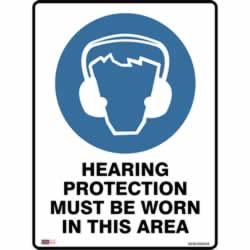 SAFETY SIGNAGE - MANDATORY Hearing Protection To Be Worn 450mmx600mm Metal